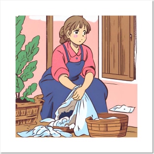 village girl washing laundry Posters and Art